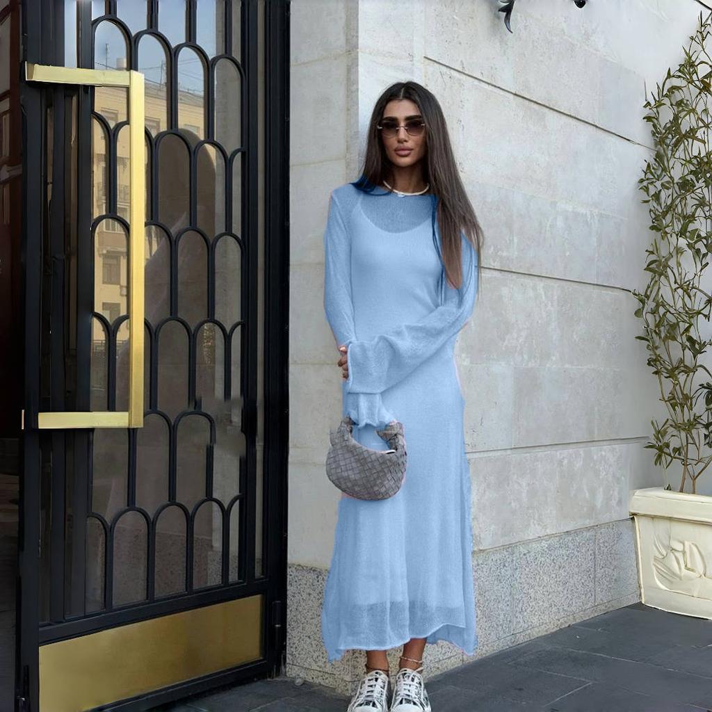 LYRIA Spring Autumn O-Neck Elastic Knit Long Dresses Women Elegant Chic Soft Lady Hollowing Sweater Dresses Femme New