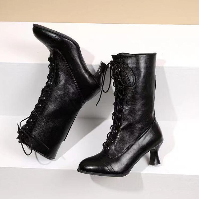 2026 European and American Style Autumn and Winter Lace Up Low Heeled Women's Mid Leg Round Toe Women's Single Boots
