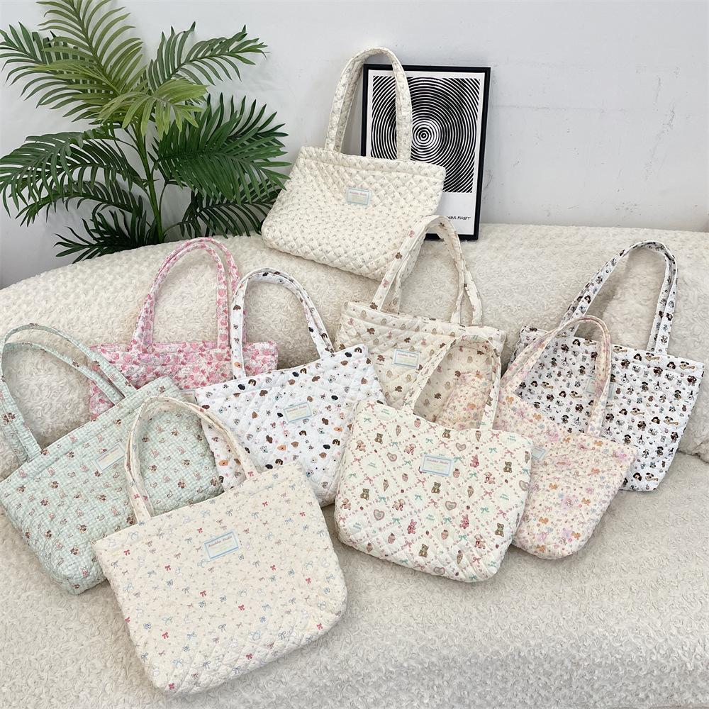 Carto Print Women Quilted Shoulder Bags Cute Floral Large Capacity Ladies Shopper Bags Portable Female Clutch Purse Handbags