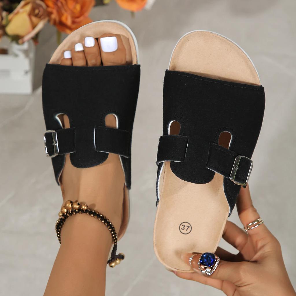 Sandały z korkową wkładką Damskie Letnie Buty Moda Zamszowe Płaskie Sandały ze Wsparciem Łuku Stopy Para Odkryte Palce Klapki na Plażę Regulowane