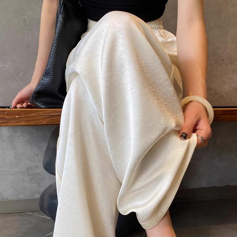

Women s High Waist White Satin Jacquard Wide Leg Pants - Summer Cool, Lightweight, Sun-Protective. M (95-105 lbs)