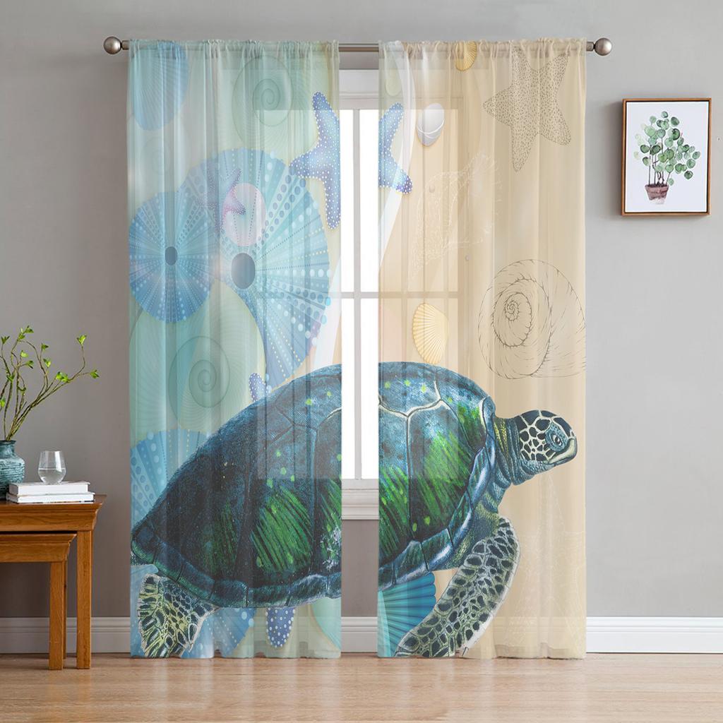 Sea Turtle Ocean Creature Landscape Sheer Voile Curtains For Living Room Bedroom Transparent Tulle Curtains Window Drapes