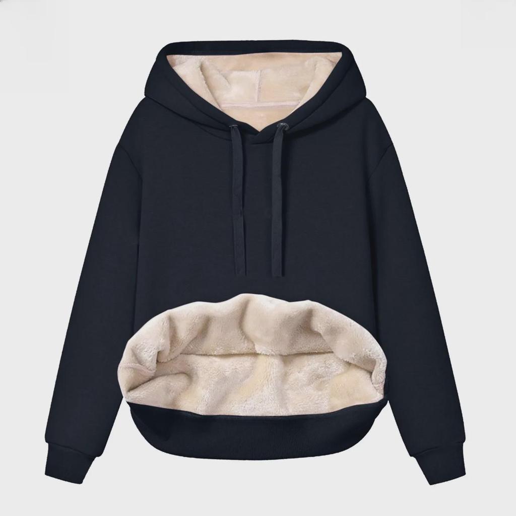 European & American Women's Hooded Drawstring Sweater - Solid Color, Thick Velvet (Autumn/Winter)
