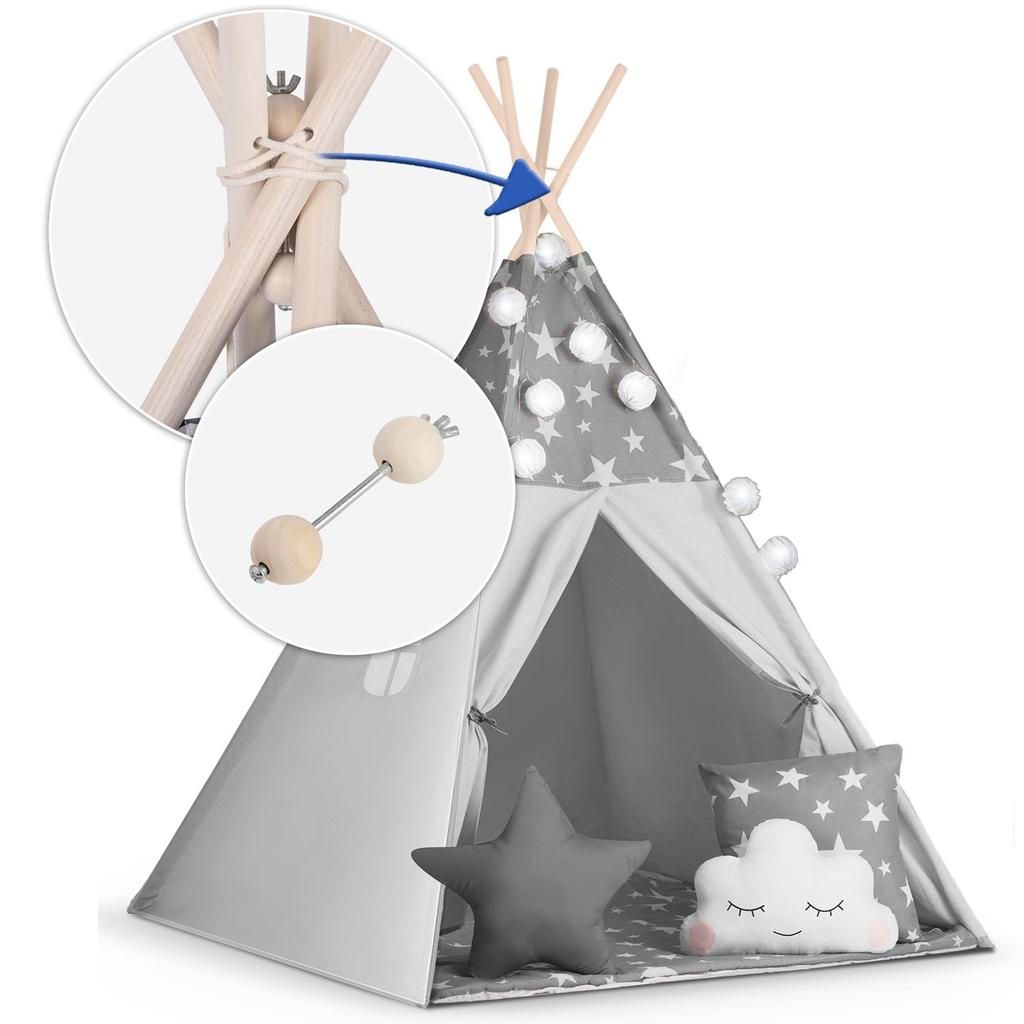 Nukido Children's Teepee Tent With Garland And Lights - Gray With Stars