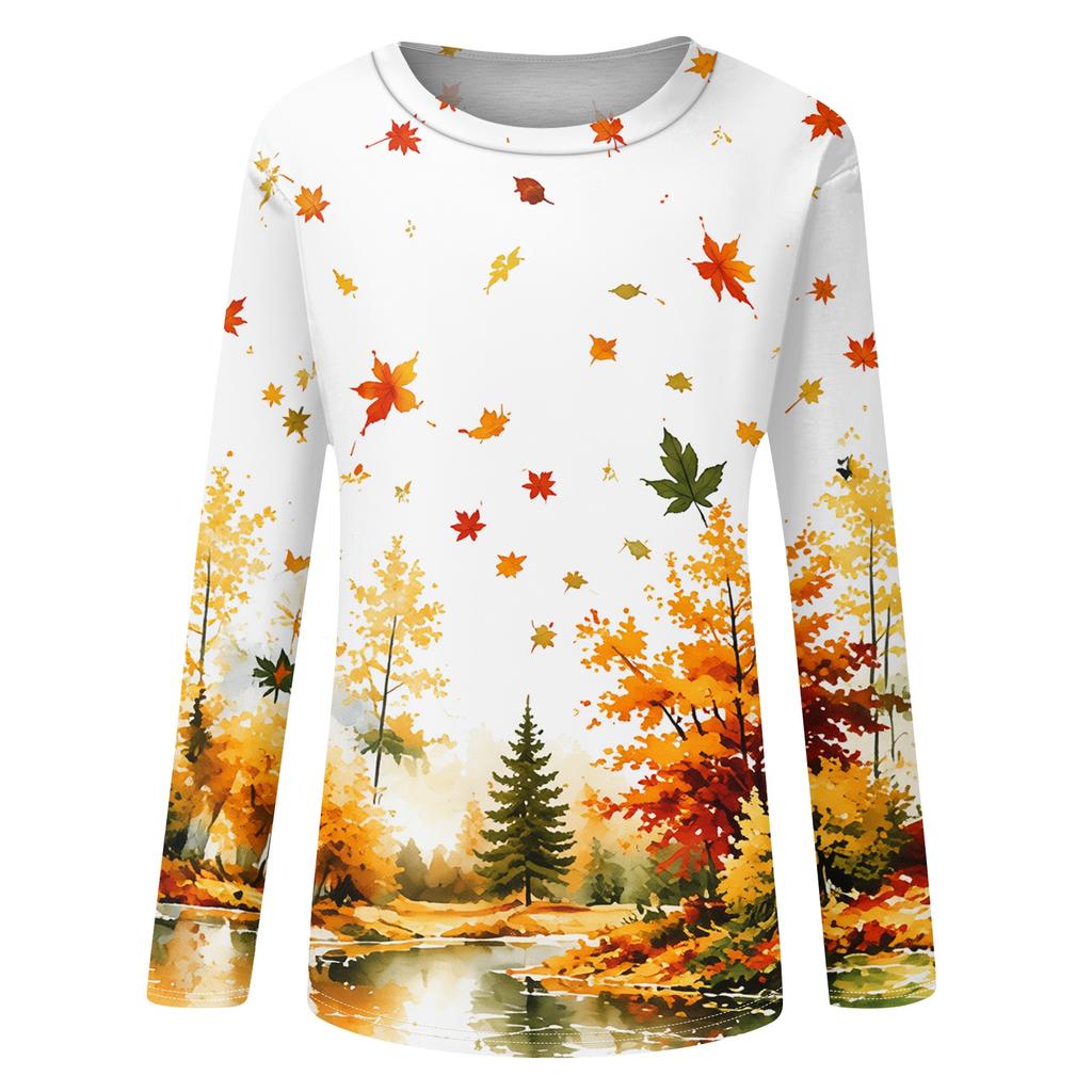Women's Casual Long Sleeve Maple Leaf Print Round Neck Blouse for Everyday Wear