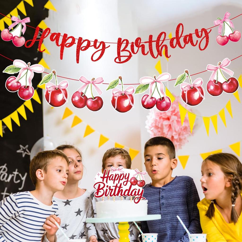 Cherry Birthday Party Decorations - Cherry Themed Banners Decoration Pink Bow Fruit Cake Topper Decor Supplies for Girls Women