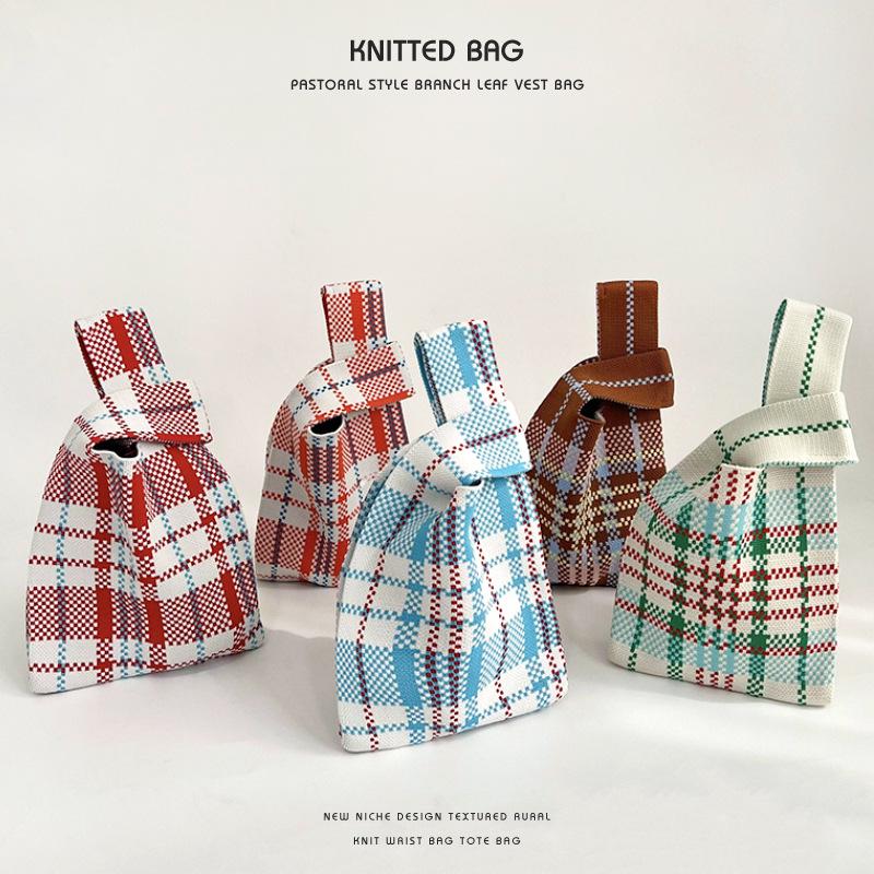 **Colorful Plaid Knit Shoulder Tote Bag - Versatile & Large Capacity**