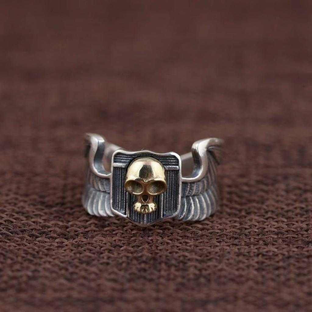 New Retro Skull Ring for Men, Trendy, Punk Style, Hip-hop, Wings, Skull Open Ring