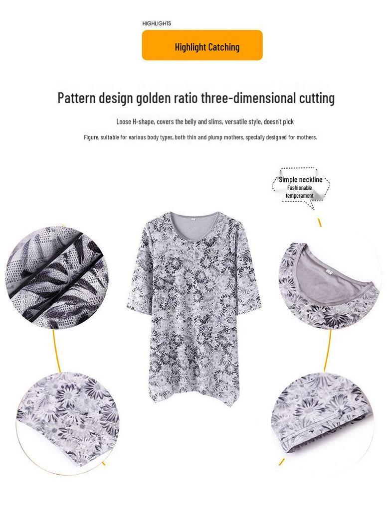 Mid-Sleeve Round Neck Tummy-Covering Stylish Top for Middle-Aged Women