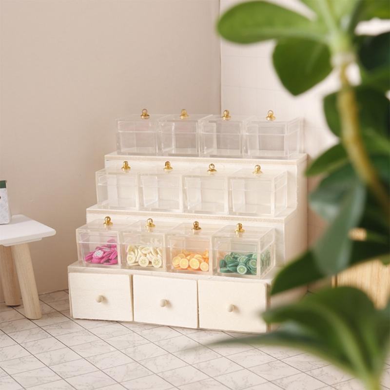 Tiered Display Shelf Wood Tiered Realistic Featured with Functional Drawer for 1/12 Scale Doll House Display Accessories