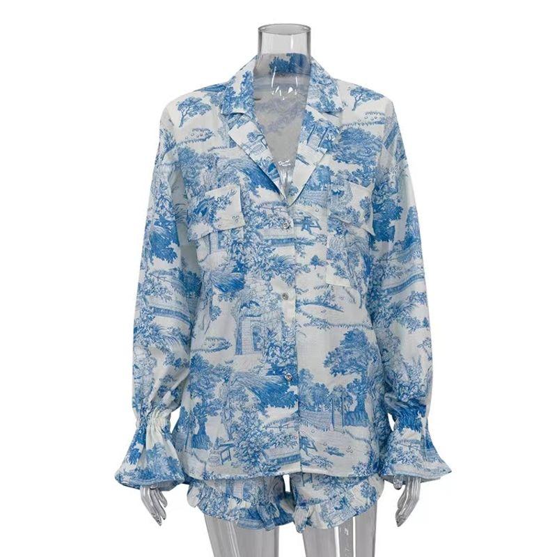 

European and American Fashion Print Flare Sleeve Shirts Shorts Two-piece Set Printed Shirt and Shorts Set Blue L