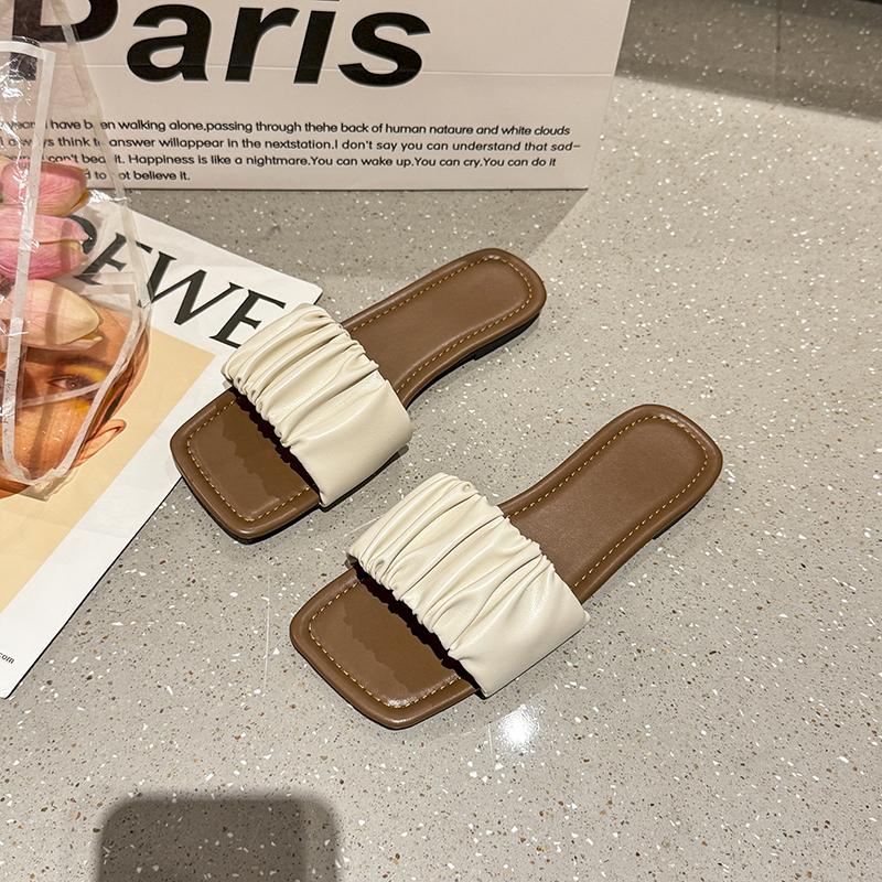 

2025 Новые женские шлепанцы на плоской подошве Повседневная мода Плиссированные женские сандалии Дизайнерские с открытым носком Уличные пляжные шлепанцы Sandalias Mujer 36 бежевый