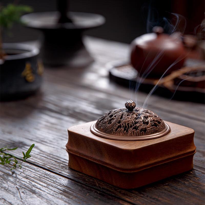 Walnut Wood Zen Incense Burner with Dragon & Phoenix Lid