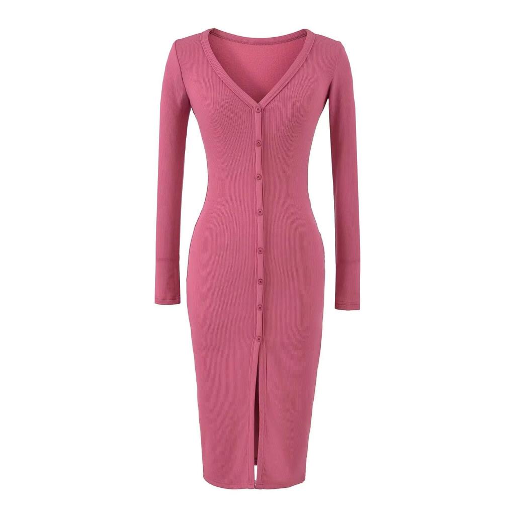 Elegant V-Neck Long Sleeve Dress - Sexy Hip-Hugging Mid-Length Skirt for Women, Perfect for Spring and Autumn.