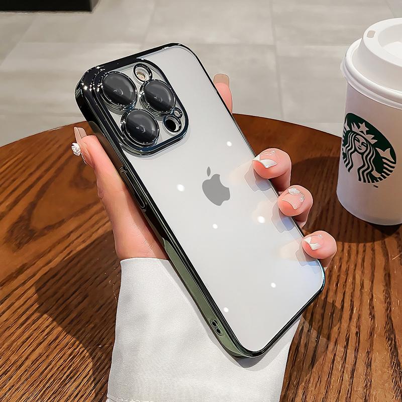 Luxury Plating Clear Case For iPhone 15 13 12 11 14 Pro Max Mini X XR XS 7 8 14 15 Plus SE Cover With Lens Protector Accessories