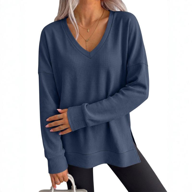 Women S V Neck Loose Long Sleeve Waffle Knit Solid T Shirt