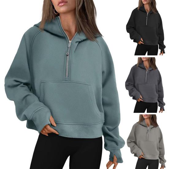 Felpa con cappuccio Autunno Inverno Cappuccio Mezza zip Tasca Maniche lunghe Ampia Tinta unita Polsino elastico Abbigliamento quotidiano Casual Sport Top