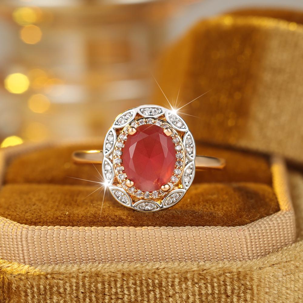 Delicate Oval Rose Red Zircon Rings for Women Vintage Luxury Gold Color Wedding Party Jewelry Gift