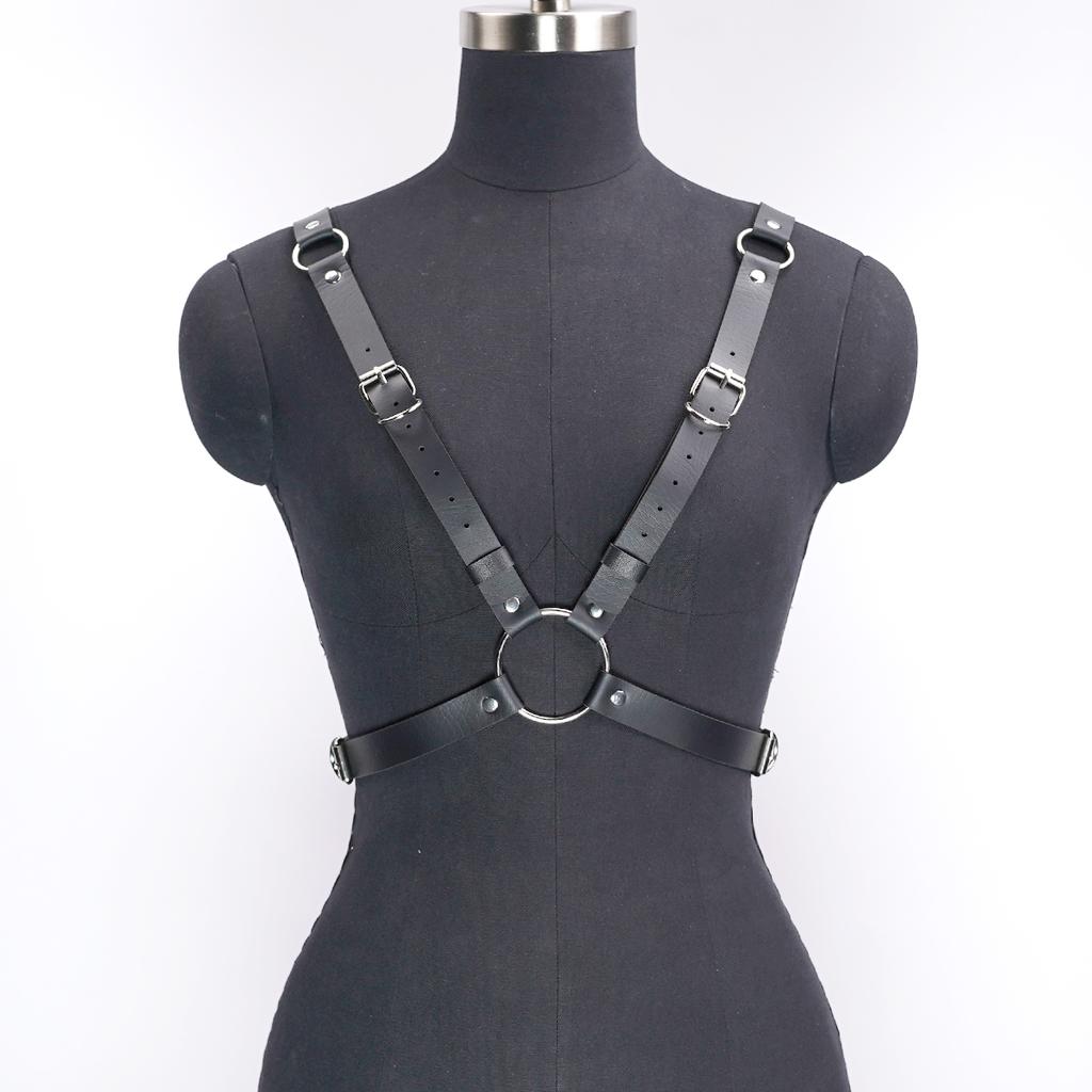 Women's Black Leather Body Harness Top, Adjustable Straps, O-Ring Detail, Gothic Punk Style, Party Clubwear