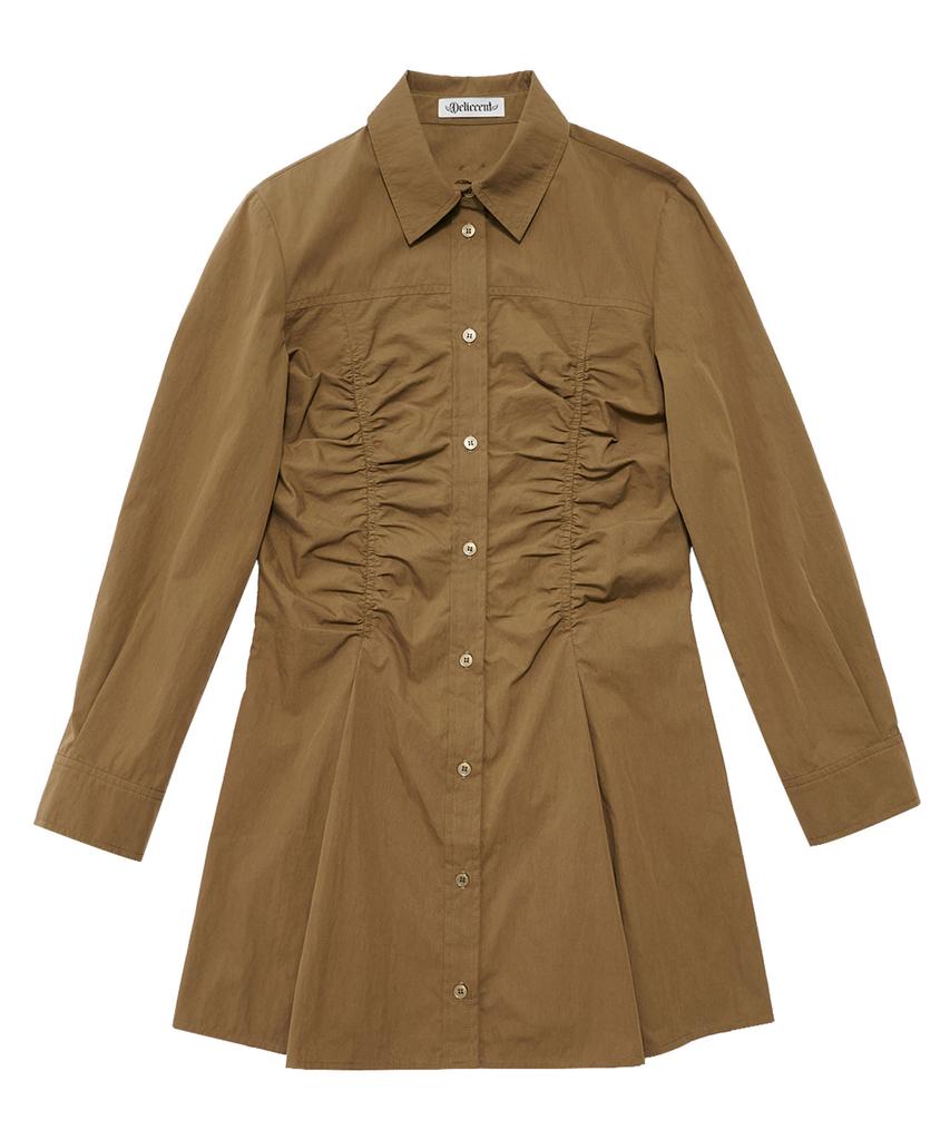 Deliscent Two-Shirred Shirt Dress [Khaki]