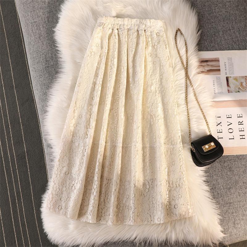 The Real Shot 2025 Spring New Lace A-shaped Skirt Covers the Meat and Looks Thin and Elastic Waist Medium and Long Temperament Skirt Women's Clothing