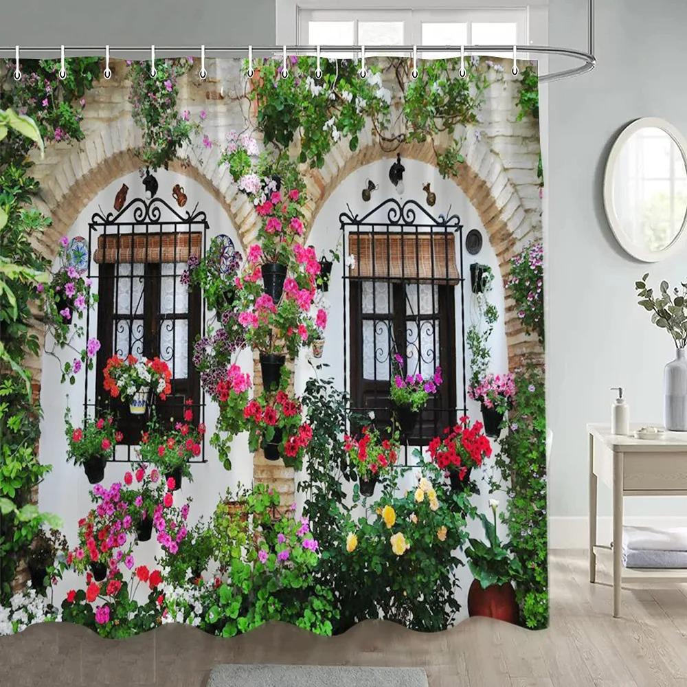 Forest Shower Curtains Sunshine Green Trees Plants Brown Window Nature Landscape Polyester Bathroom Curtain Set Decor with Hooks