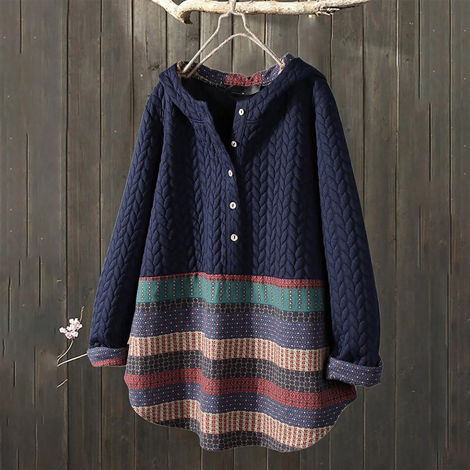 

Женское повседневное пальто с длинными рукавами и капюшоном с этническим принтом XXXXL тёмно-синий