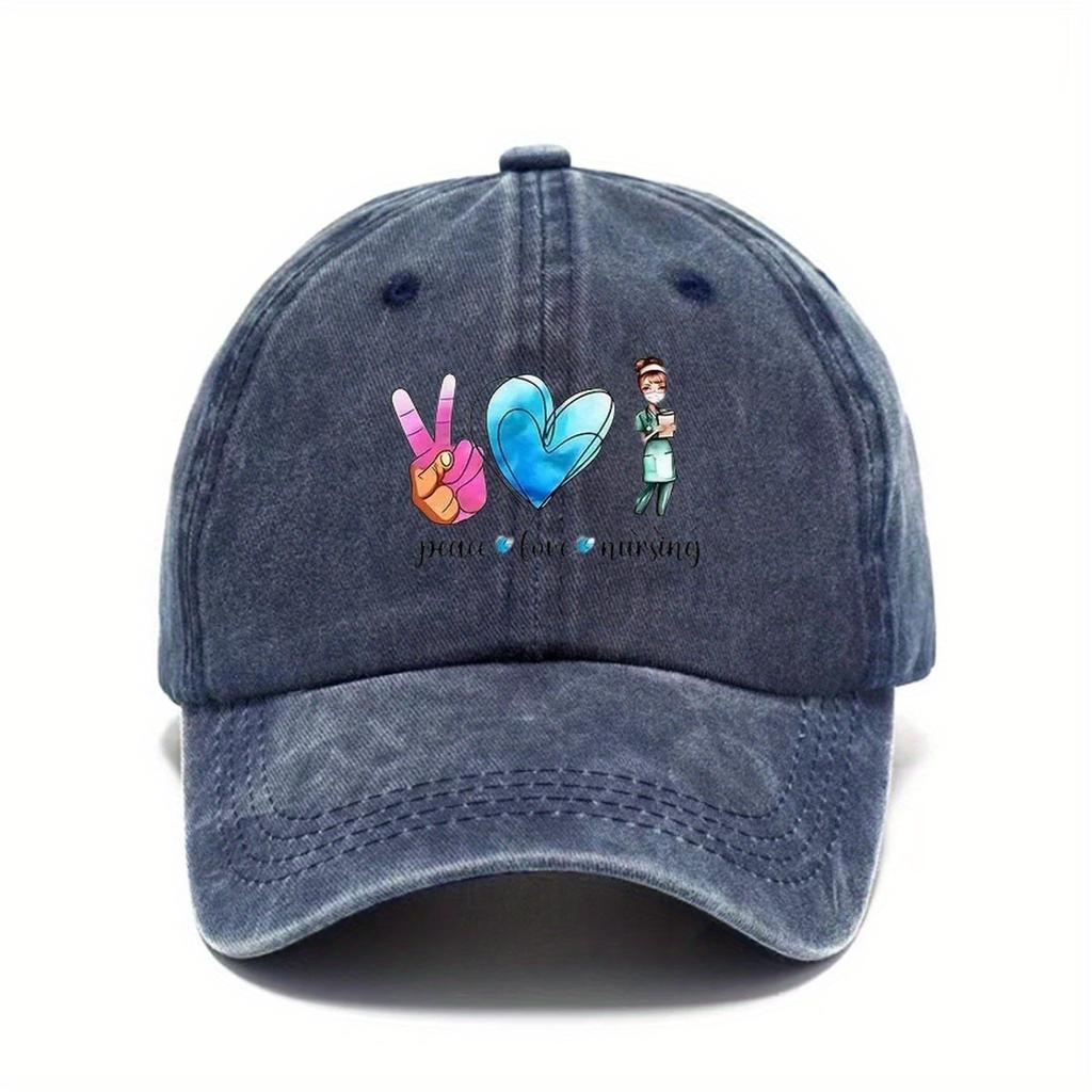 Peace Love Nursing Graphic Print Washed Baseball Cap Vintage Distressed Adjustable Sun Hat Unisex