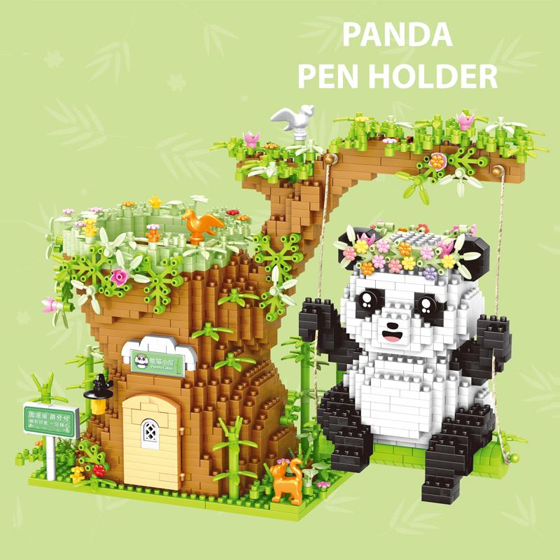 1688PCS Panda Swing Building Blocks Educational Toys Micro Diamond Bricks Creative Pen Holder Kids Gifts