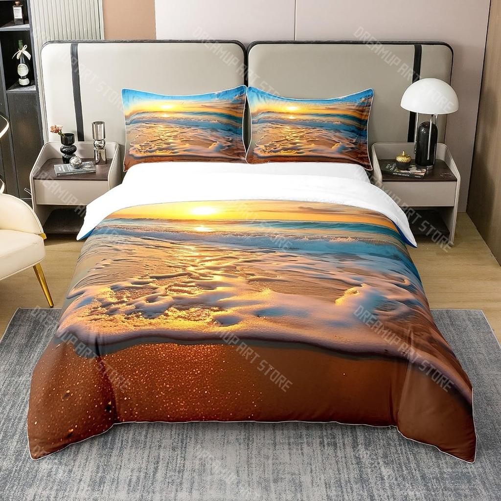 Bettwäsche-Set mit Strandthema King Queen Größe Ozeanwelle Sonnenuntergang Bettbezug Küsten-Nautik-Bettdeckenbezug Meereslandschaft Bettdeckenbezug