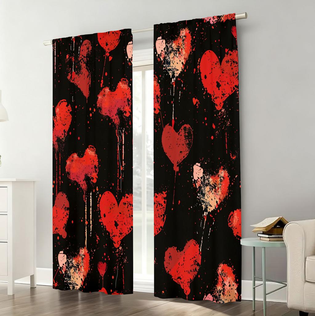 2 Stück Rot und schwarz gesprenkelte Tinte Liebesvorhänge Valentinstag-Thema Wohnzimmer Schlafzimmer Stangentasche Fensterdekoration