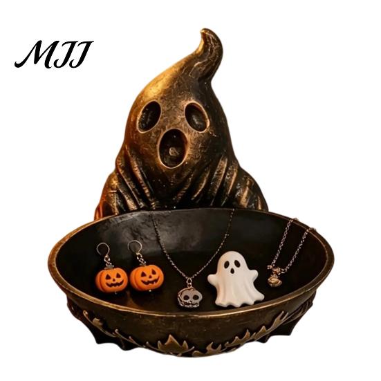 Halloween Atmosphere Table Accents Ghost Jewelry Dish, Durable Resin Storage Bowl, Decorative Container for Keys Retro Figurine Tray, Rings