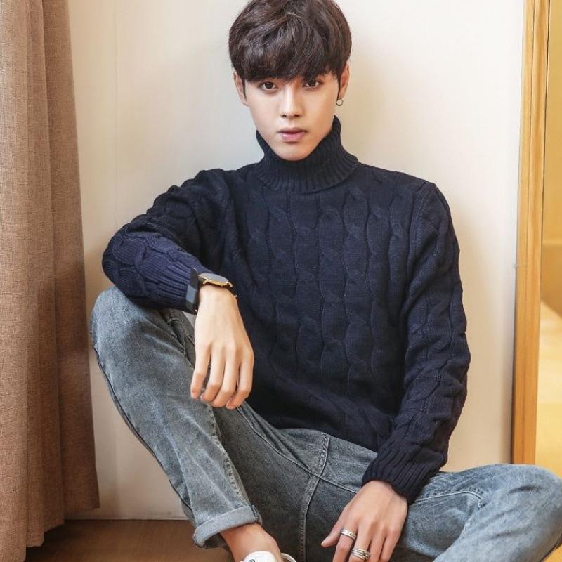 Men's Autumn and Winter Plus Size Warm and Thick Knitted Sweater Tall Neck Solid Color Sweater Base Sweater Versatile Pullover Sweater