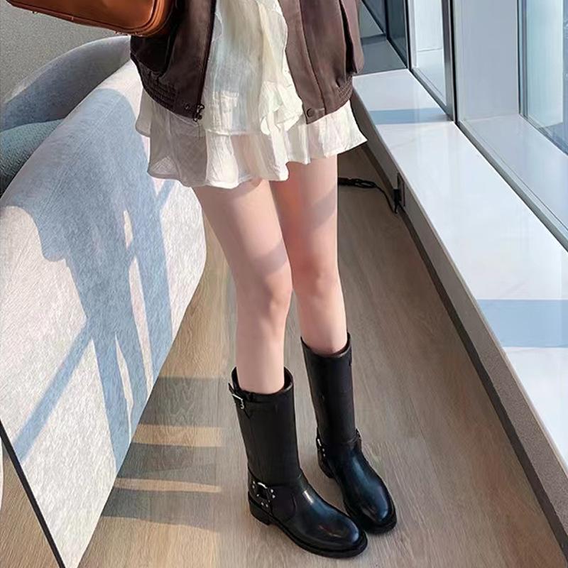 Grape Mother 2025 Autumn and Winter New Cool Sa Vegetable Tanned Retro Belt Buckle Medium Tube Thick-soled Knight Boots Women