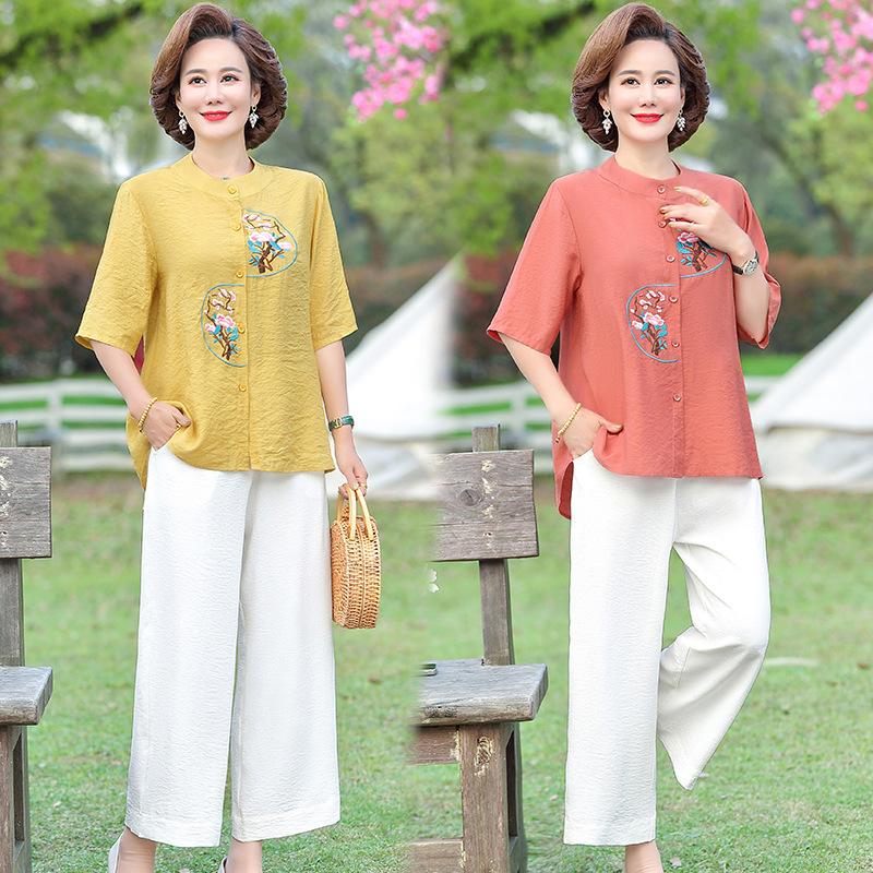 Mom's Summer Outfit T Shirt Lady's Set Two Piece Set Middle Aged Elderly Women's Summer Cotton Linen Short Sleeved
