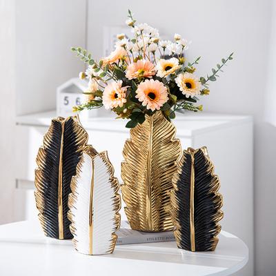 Nordic Black Gold Electroplated Leaf Ceramic Vase Modern Minimalist Home Living Room TV Cabinet Decoration