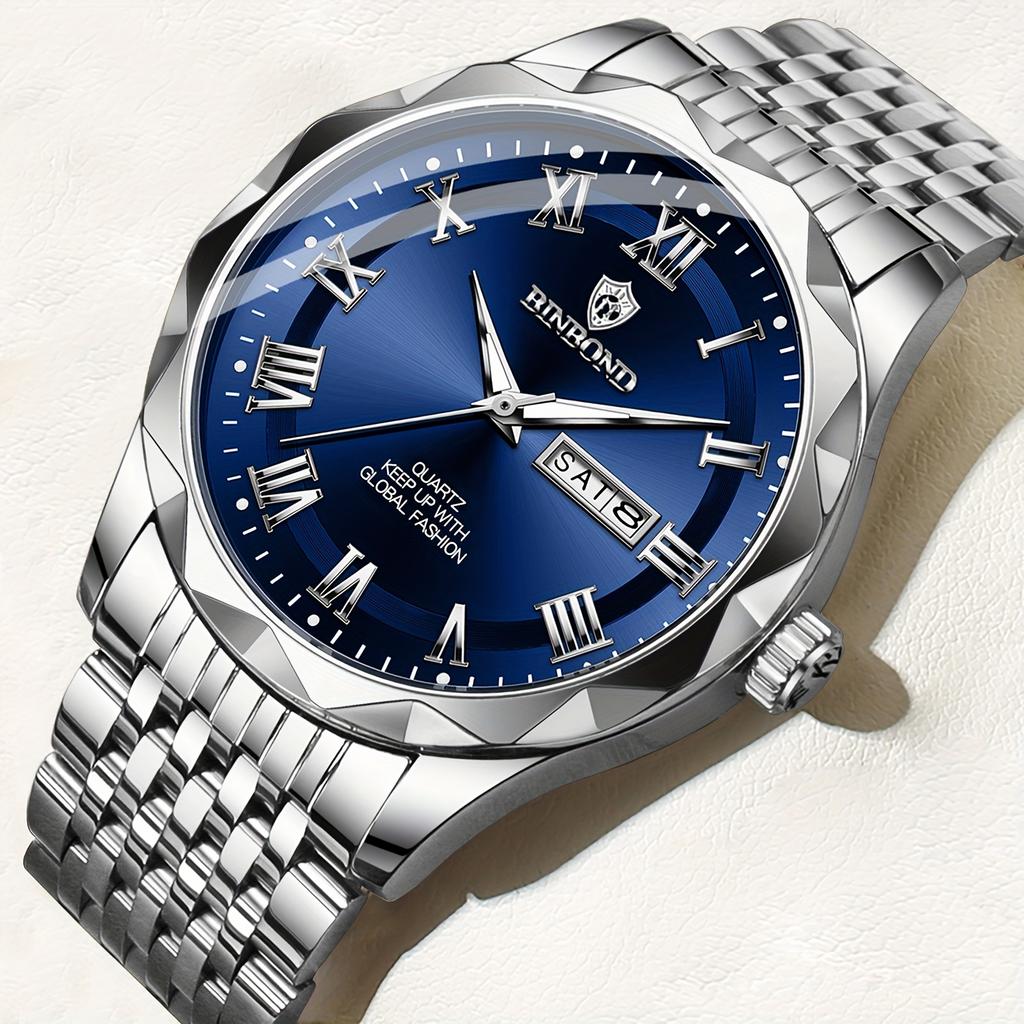 BINBOND Quartz Male Wristwatch Waterproof Luminous Date Week Watch for Men Stainless Steel Fashion Men's Watches Business Watch Casual Male Clock