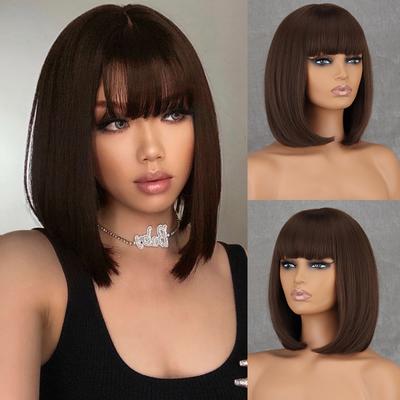 Perruque Bob lisse marron avec frange pour femmes, longueur d'épaule, en Fiber synthétique, couleur naturelle, usage quotidien
