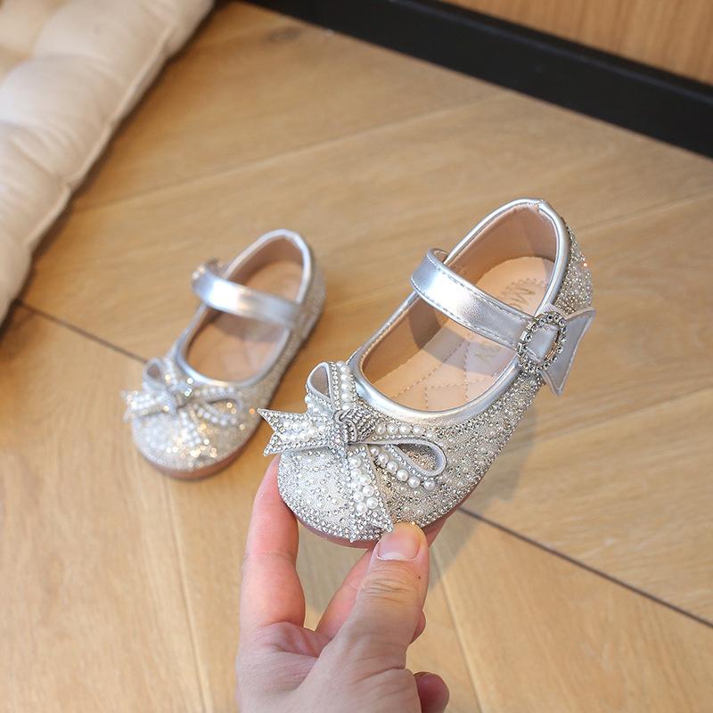 Toddler Rhinestone Pearl Bow Decor Magic Tape Glitter Mary Jane Princess Shoes