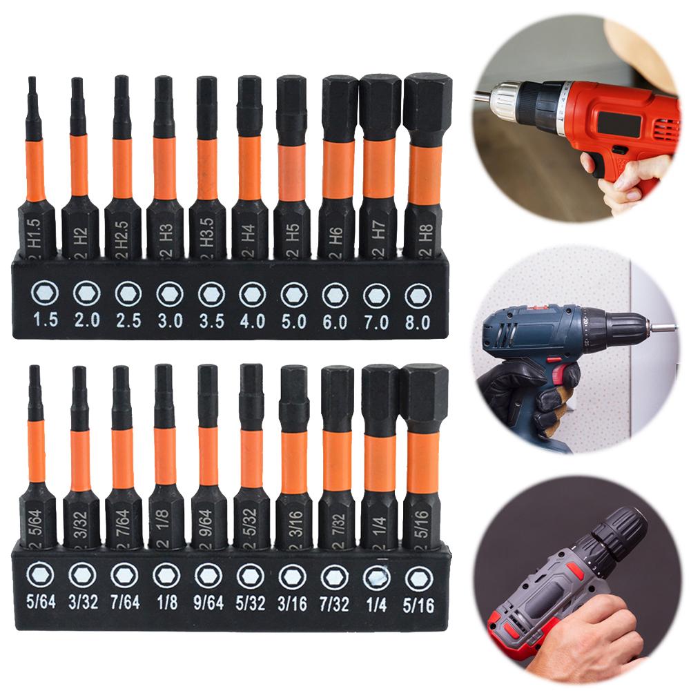 10/20 Pcs Hex Bit Set S2 Steel 1/4 Hex-Shank Allen Key Drill Bit Set Metric & SAE 2 In Long Magnetic Hex Bits Allen Bit Set