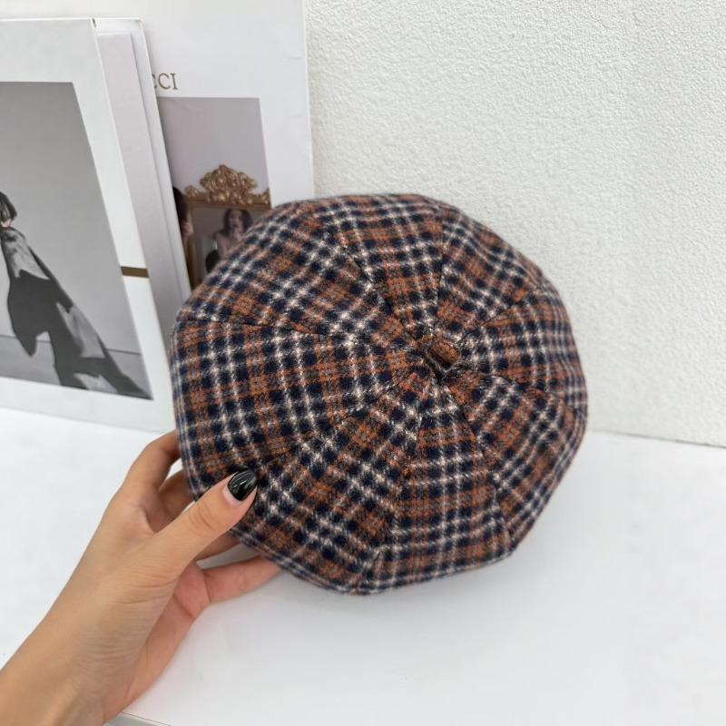 Classic plaid beret children autumn and winter casual versatile face small bud hat painter hat