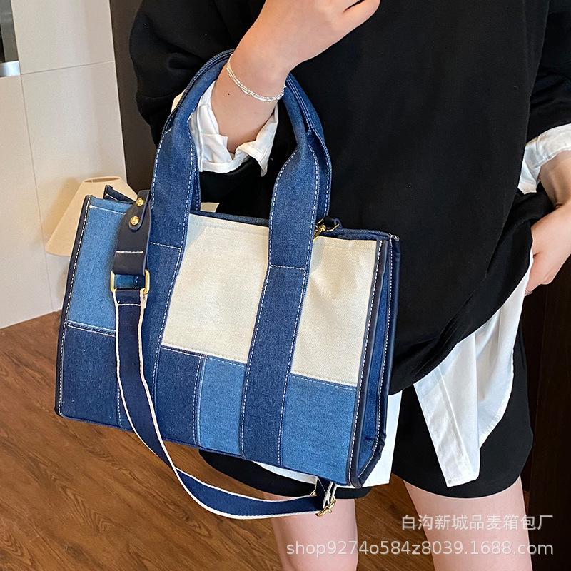 2025 summer new casual portable tote bag women's fashion color matching denim versatile messenger shoulder bag