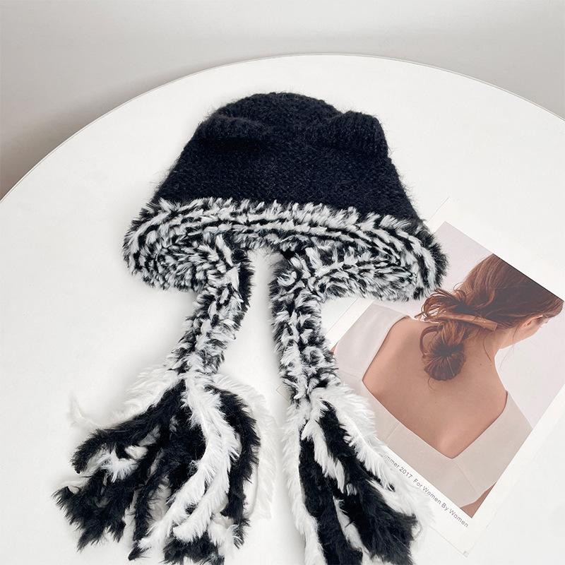 Cat Ears Contrasting Pigtails Knitted Hat Women's Winter Outdoor Warm Ear Protection Bear Hat Showing Face Small Pullover Wool Hat