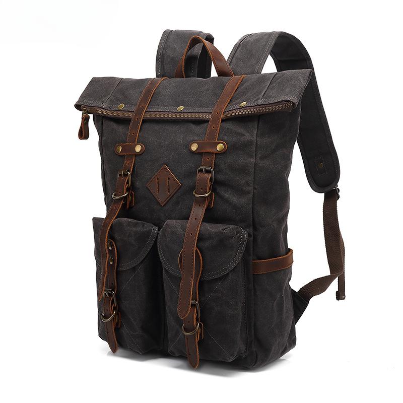 Backpack Student Backpack Retro Travel Backpack Outdoor Sports Waterproof Waxed Canvas Travel Bag with Leather