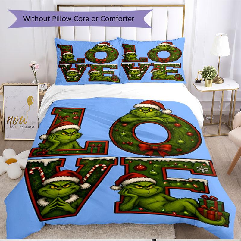 3pcs Duvet Cover Set (1*Duvet Cover + 2*Pillowcase, Without Core), The Grinch Print Soft All‑Season Bedding Set, Home Bedroom Decor Gift