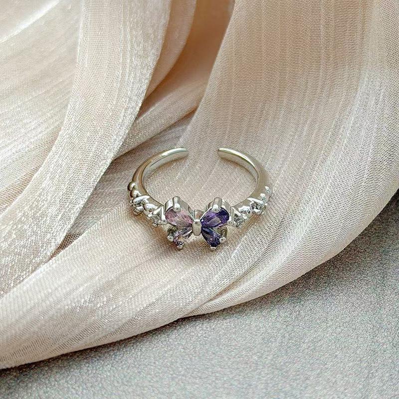 Super Immortal Purple Pink Diamond Sweet Cool Flower Opening Ring Jane Girl Niche Light Luxury Advanced Sense Stacking Wear Index Finger Ring