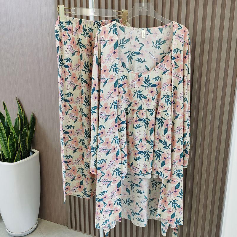 

Women s Pajamas Spring & Fall Summer Cotton Silk Thin Three-Piece Nightgown Lady Sexy Overall Dress Set Floral Homewear Pink All yards