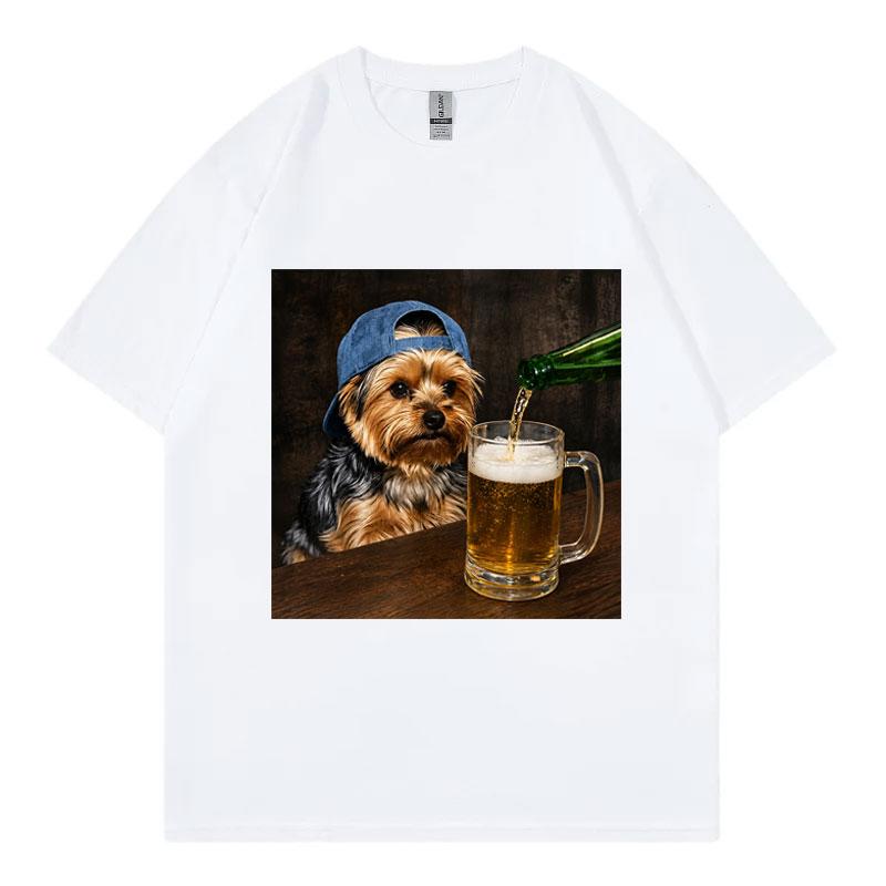 Yorkie Drinking Beer Funny Meme Graphic T Shirts Summer Casual  Short Sleeve T-shirtWomen Fashion O-Neck T-shirt