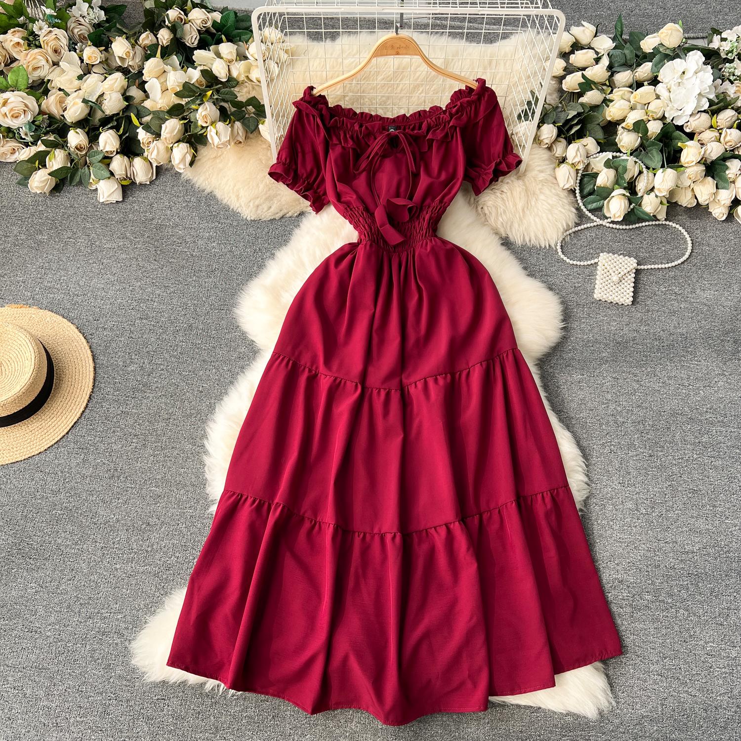 

Винтажное элегантное платье с коротким рукавом и вырезом с разрезом, модное шифоновое платье трапециевидной формы на весну и осень, женские платья One Size кларет