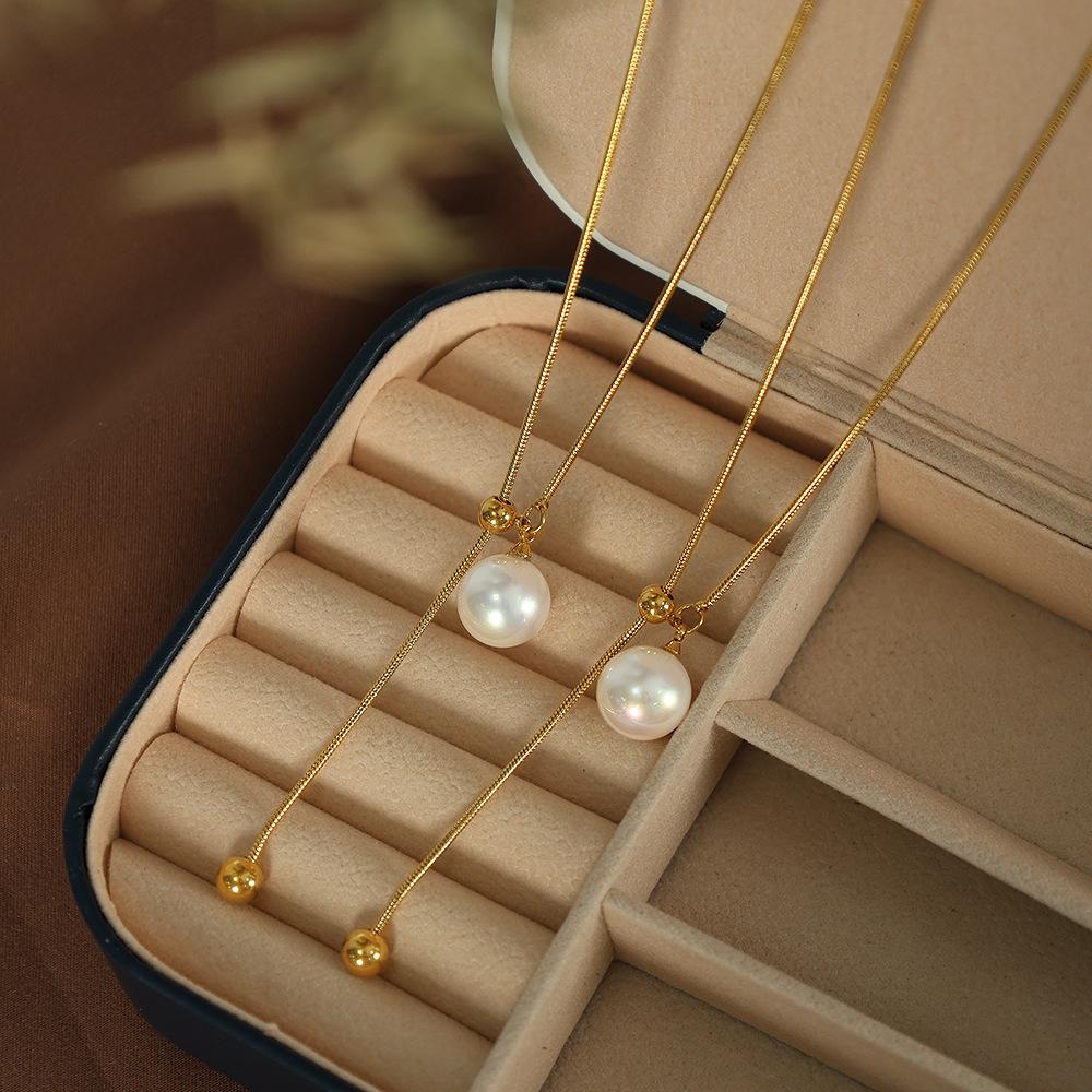 Elegant Snake Bone Chain Y Lariat Adjustable Glass Pearl Necklace 18k Gold Plated Stainless Steel Jewelry for Party
